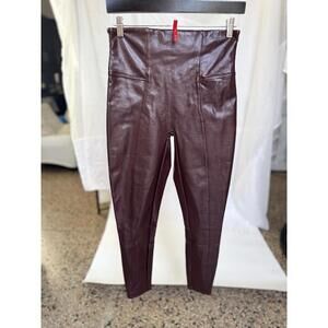 Spanx Pants Leggings Sz L Large Burgundy Red Faux Leather High Rise Skinny Shiny